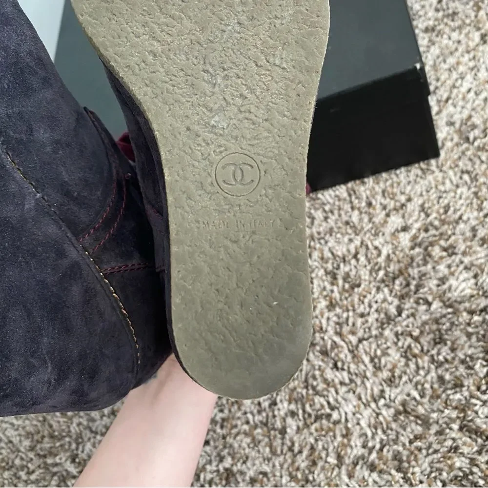 Chanel Lace Up Suede Calfskin Chain Wedge Booties - Picture 10 of 14